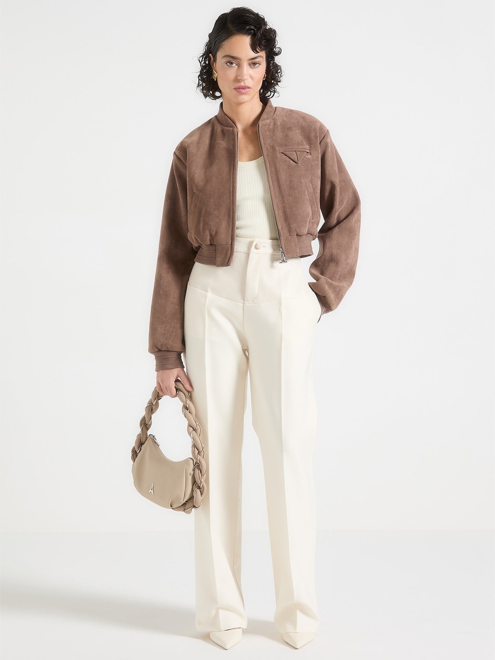 Maniere De Voir Brown Faux Suede Bomber Jacket